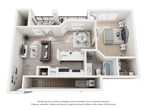 Floor plan for 1 bed, 1 bath, 665 sqft